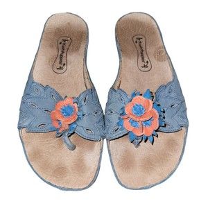 Hush Puppies Women's Thong Sandals Blue Suede Leather Size‎ 7 EW Flower Shoe